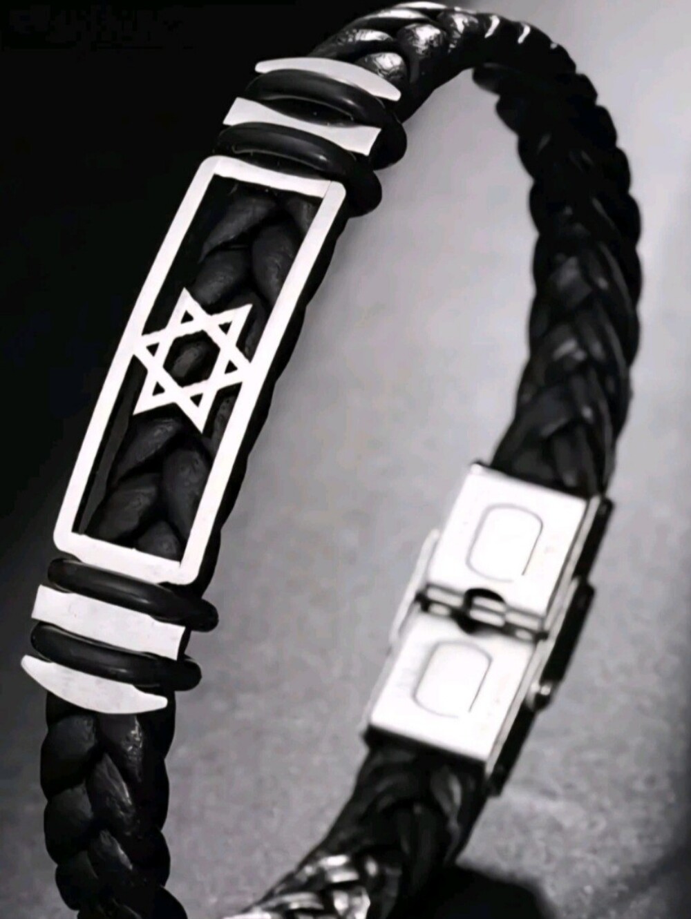 BRAIDED LEATHER  STAR OF DAVID  SHIELD OF FAITH QUALITY  SILVER JUDAIC BRACELET